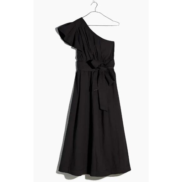 Madewell Brooke Black Ruffled One-Shoulder Tie Waist Poplin Midi Dress Size 00 - Picture 2 of 16